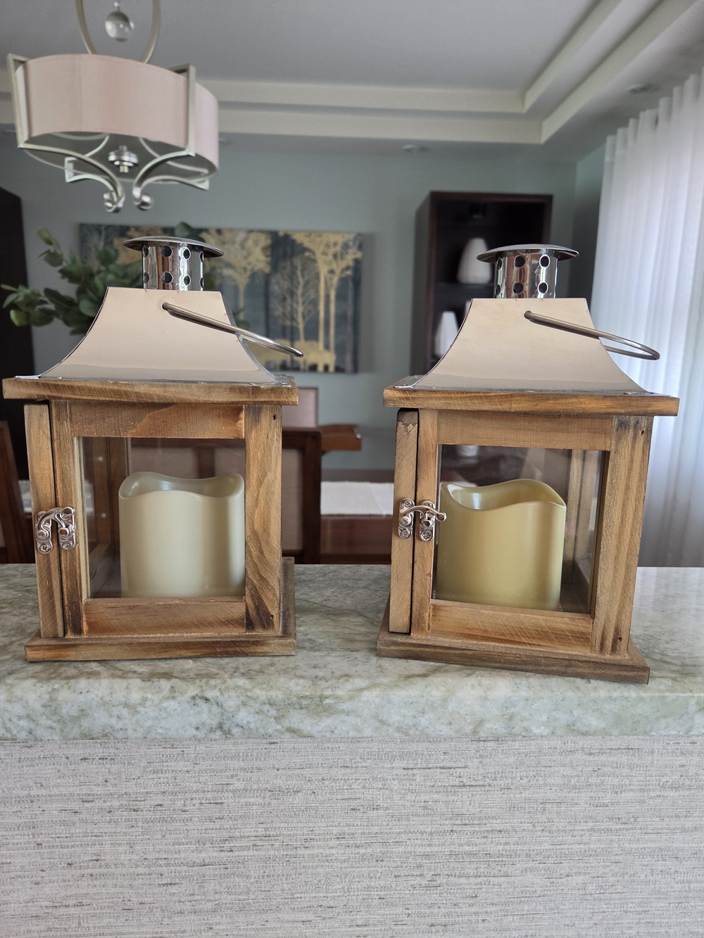 Rustic Wood Lantern Pair with Cream LED Candles